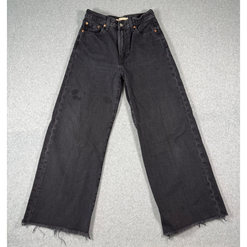 Levis Premium Ribcage Wide Leg Jeans Womens 27 Black High‎ Rise Raw Hem